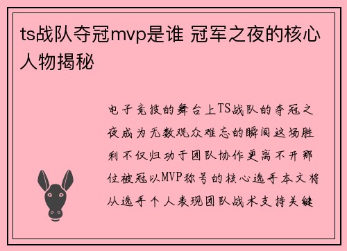 ts战队夺冠mvp是谁 冠军之夜的核心人物揭秘